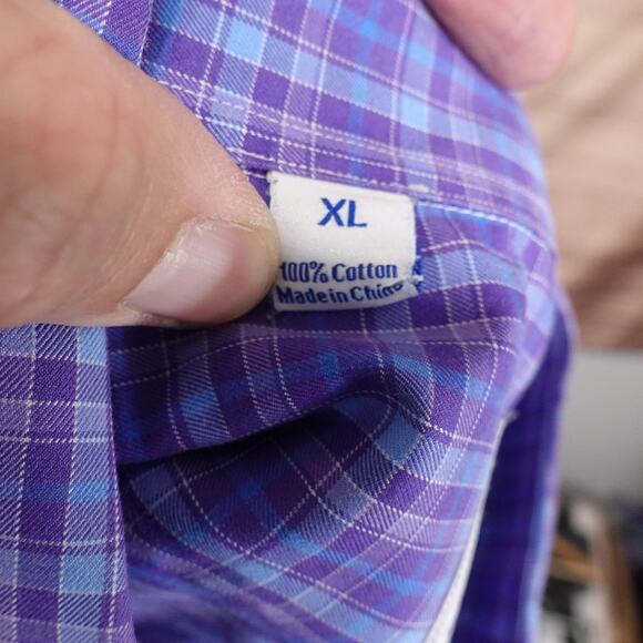 David Donahue Shirt Mens XL Purple Blue Plaid Long Sleeve Button Front Cotton - Picture 10 of 11